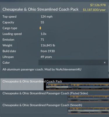 Мод «Chesapeake & Ohio P85v2 Coach Pack» для Transport Fever 2 0